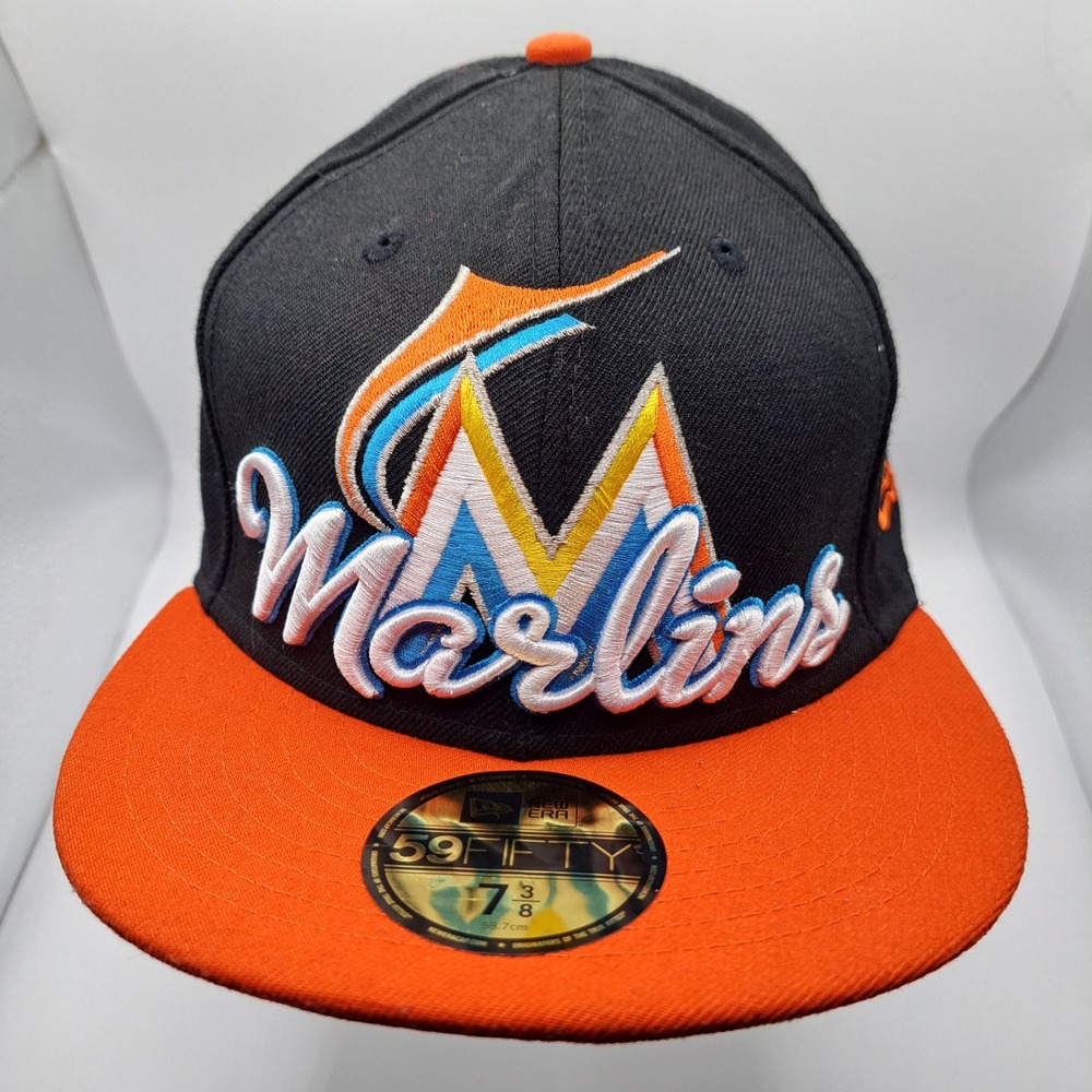 New Era Miami Marlins Fitted Hat Mens 7 3/8 Black Orange 59FIFTY MLB Cap